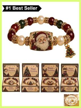 Stretch Beaded Christmas Bracelet Set Santa Charm Gift Card